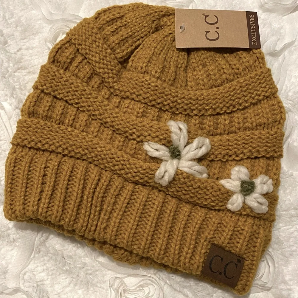 C. C Beanie/Hat with Daisy Flower Embroidery, Nutmeg, Adult, One Size - Picture 2 of 3